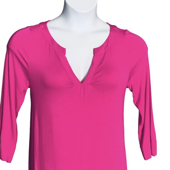 Soft Surroundings Tunic Top Medium Split V Neck Fuchsia Pink Pockets 3/4 Sleeve - Picture 2 of 8